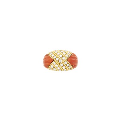 Lot 28 - Van Cleef & Arpels Gold, Carved Coral and Diamond Ring