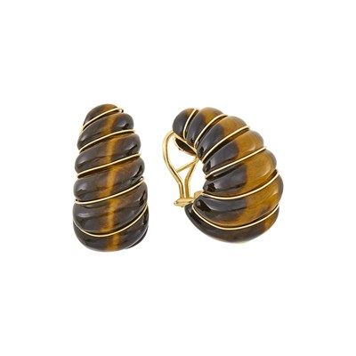 Lot 13 - Van Cleef & Arpels Pair of Gold and Tiger's Eye Hoop Earrings