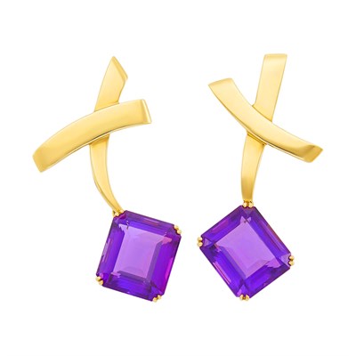 Lot 156 - Tiffany & Co., Paloma Picasso Pair of Gold and Amethyst Pendant-Earrings