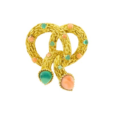 Lot 1 - Gold, Angel Skin Coral and Green Chrysoprase Enhancer-Brooch