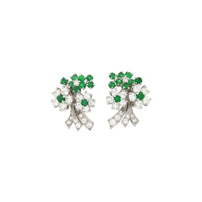Lot 147 - Cartier Pair of Platinum, Diamond and Emerald Floret Earclips