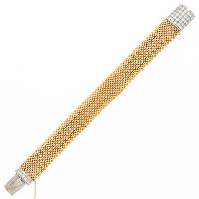 Lot 1070 - Two-Color Gold and Diamond Mesh Bracelet