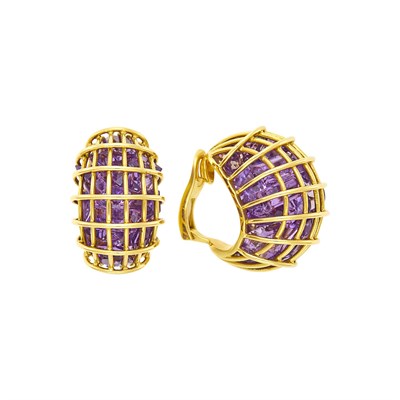 Lot 58 - Verdura Pair of Gold and Amethyst 'Caged' Earclips