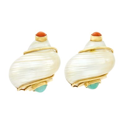Lot 2 - Seaman Schepps Pair of Gold, Shell, Coral and Turquoise 'Turbo Shell' Earclips