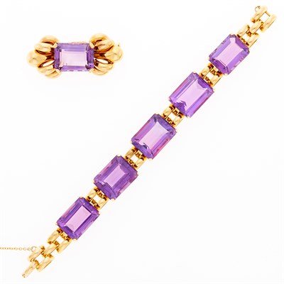 Lot 1105 - Rose Gold and Amethyst Link Bracelet and Brooch