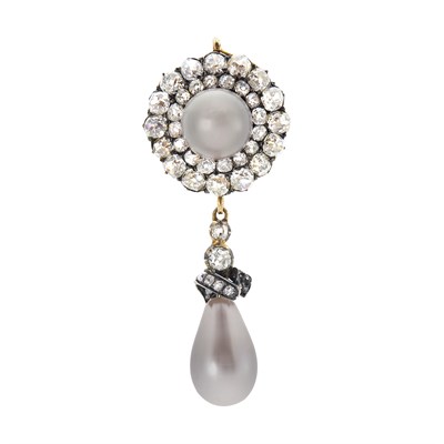 Lot 258 - Antique Silver, Gold, Natural Gray Pearl and Diamond Pendant-Brooch