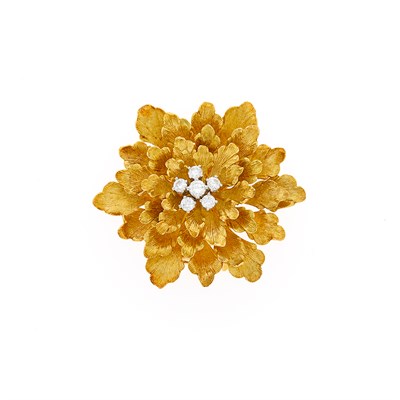 Lot 1084 - Gold and Diamond Flower Clip-Brooch