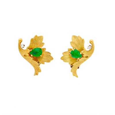 Lot 1091 - Pair of Gold, Cabochon Emerald and Diamond Earclips
