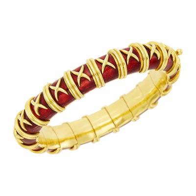 Lot 38 - Tiffany & Co., Schlumberger Gold and Red Paillonné Enamel Bangle Bracelet, France