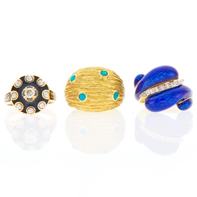 Lot 1075 - Three Gold, Rose Gold, Enamel, Turquoise and Diamond Rings