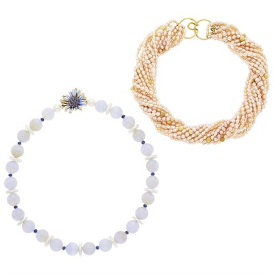 Lot 1071 - Two Blue Chalcedony, Mother-of-Pearl and Sapphire Bead and Pink Freshwater Pearl and Bead Necklaces
