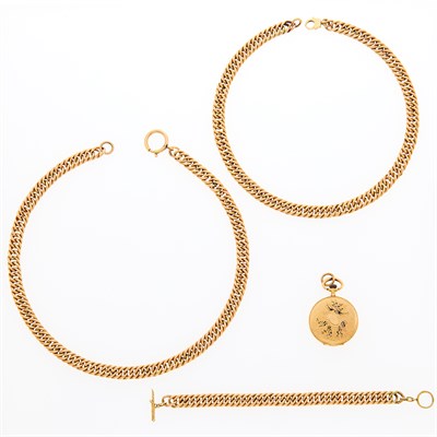 Lot 1142 - Two Gold, Gold-Filled and Silver Chain Necklaces, Bracelet and Enamel Pocket Watch
