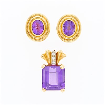 Lot 1246 - Pair of Gold and Amethyst Earclips and Amethyst and Diamond Enhancer