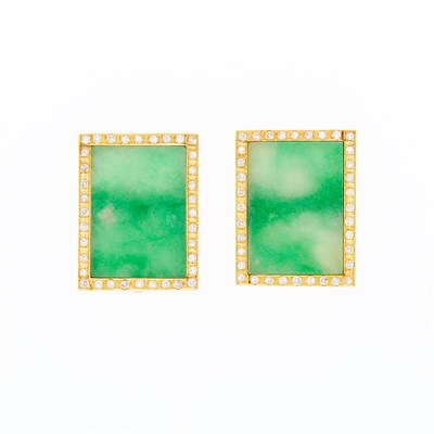 Lot 1036 - Pair of Gold, Jade and Diamond Earrings