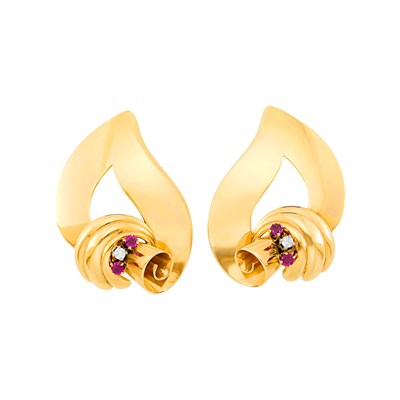 Lot 175 - Cartier Pair of Gold, Platinum, Diamond and Ruby Earclips/Clips Combination