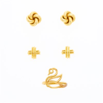 Lot 1044 - Tiffany & Co. Two Pairs of Gold Earrings and Ilias Lalaounis Gold Swan Ring