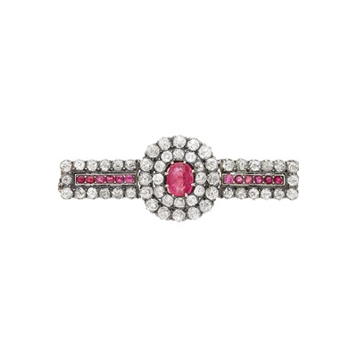 Lot 135 - Antique Silver, Gold, Ruby and Diamond Bar Brooch