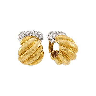 Lot 61 - Pair of Two-Color Hammered Gold and Diamond Earclips