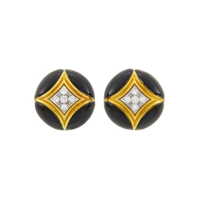 Lot 33 - Van Cleef & Arpels Pair of Gold, Platinum, Black Onyx and Diamond Earclips