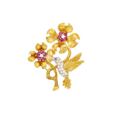 Lot 178 - Gold, Platinum, Diamond and Ruby Hummingbird and Flower Pendant-Brooch