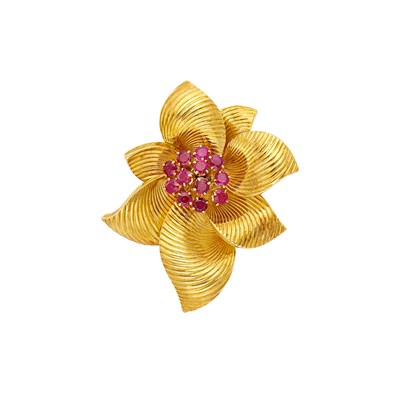 Lot 182 - André Vassort for Van Cleef & Arpels Gold and Ruby Flower Clip-Brooch, France