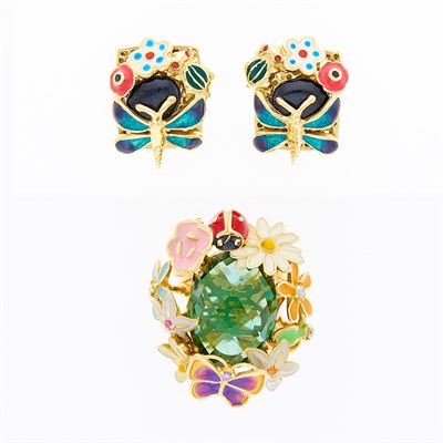 Lot 1021 - Gold, Enamel and Gem-Set Flower and Insect Ring and Pair of Earrings