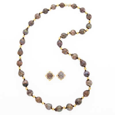Lot 1029 - Two-Color Gold, Semi-Baroque Dyed Brownish Gray Cultured Pearl and Diamond Necklace and Pair of Earrings