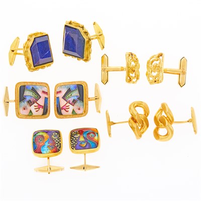 Lot 1258 - Four Pairs of Gold, Lapis and Enamel Cufflinks