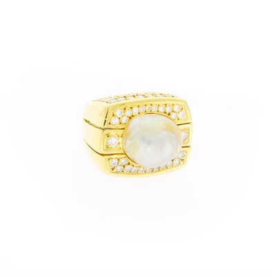 Lot 1030 - Gold, Baroque Cultured Pearl and Diamond Ring