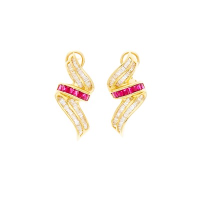 Lot 1220 - Pair of Gold, Ruby and Diamond Earrings