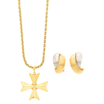 Lot 1015 - Pair of Two-Color Gold Earrings and Maltese Cross Pendant with Chain Necklace