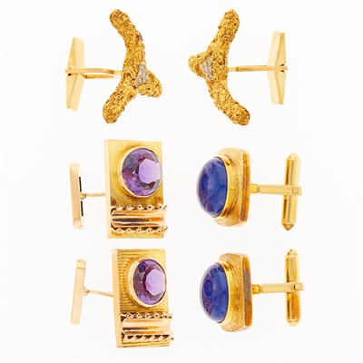 Lot 1257 - Three Pairs of Gold, Lapis, Simulated Stone and Diamond Cufflinks