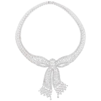 Lot 1209 - White Gold and Diamond Ribbon Bow Necklace