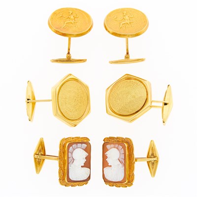 Lot 1259 - Three Pairs of Gold and Shell Cameo Cufflinks