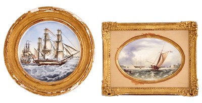 Lot 281 - Two Porcelain Plaques of Ships at Sea 19th...