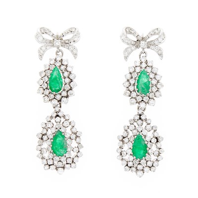 Lot 1210 - Pair of White Gold, Emerald and Diamond Pendant-Earrings