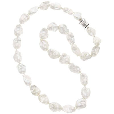 Lot 1050 - Long Baroque Freshwater Pearl Necklace with White Gold Clasp