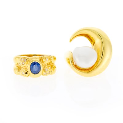 Lot 1005 - Two Gold, Baroque Freshwater Pearl, Sapphire and Diamond Rings