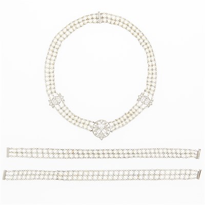 Lot 83 - Edwardian Platinum, Diamond and Seed Pearl Necklace and Pair of Bracelets