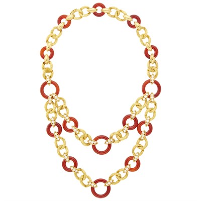 Lot 48 - Van Cleef & Arpels Gold, Carnelian and Diamond Swag Necklace
