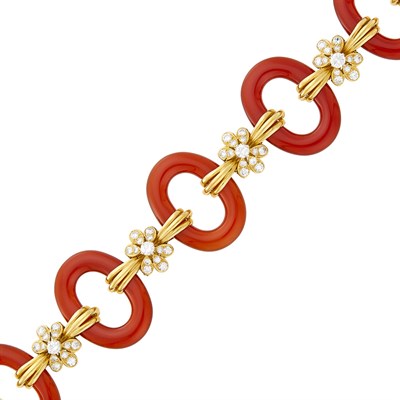 Lot 47 - Van Cleef & Arpels Gold, Carnelian and Diamond Link Bracelet