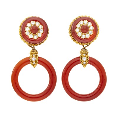 Lot 46 - Van Cleef & Arpels Pair of Gold, Carnelian and Diamond Hoop Pendant-Earclips
