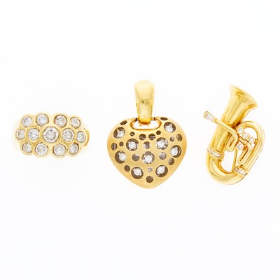 Lot 1042 - Gold and Diamond Ring, Heart Pendant and Tuba Pin