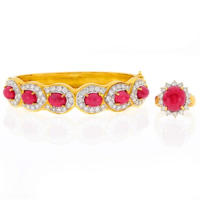 Lot 1224 - Gold, Cabochon Ruby and Diamond Bangle Bracelet and Ring