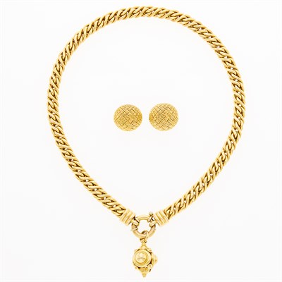 Lot 1227 - Gold Pendant-Necklace and Chimento Pair of Gold Earrings