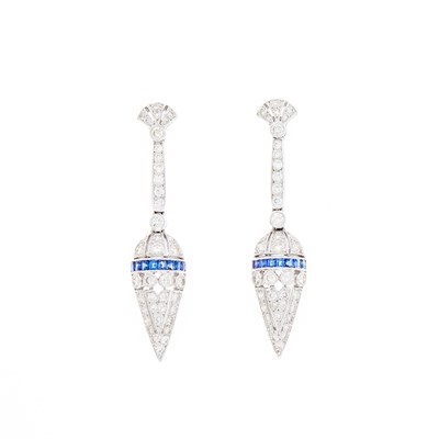 Lot 1119 - Pair of White Gold, Diamond and Sapphire Pendant-Earrings