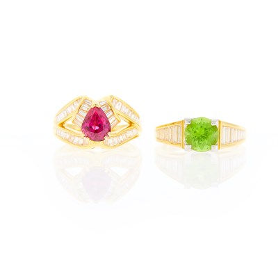 Lot 1019 - Gold, Ruby and Diamond Ring and Gold, Platinum, Peridot and Diamond Ring