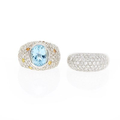 Lot 1183 - White Gold and Diamond Bombé Ring and Aquamarine, Diamond and Colored Diamond Ring