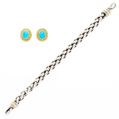 Lot 1073 - Pair of Gold and Turquoise Earrings and David Yurman Sterling Silver and Gold Bracelet
