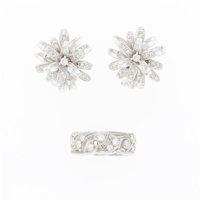Lot 1193 - Platinum and Diamond Band Ring and Pair of White Gold and Diamond Flower Earrings